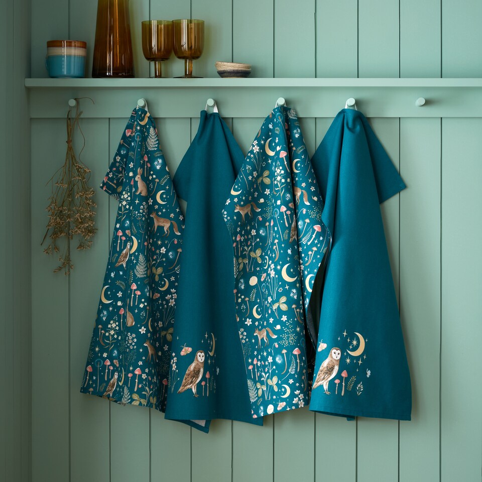 image 1 of Catherine Lansfield Enchanted Twilight Animals Cotton Kitchen Tea Towel 4 Pack