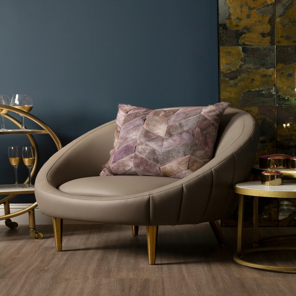 image 1 of Muted Brown Faux Leather Armchair,Sturdy Curved Silhouette Ocassional Chair,Gold Finished Lounge Chair Brown