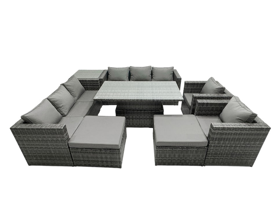 image 1 of Fimous Rattan Dining Table Sofa Set with Side Table 2 Armchair 2 Stools Outdoor 10 Seat Garden Furniture Set Dark Grey Mixed