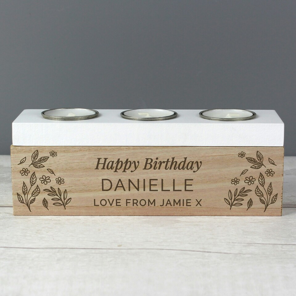 image 1 of Personalised Floral Triple Tea Light Box Brown