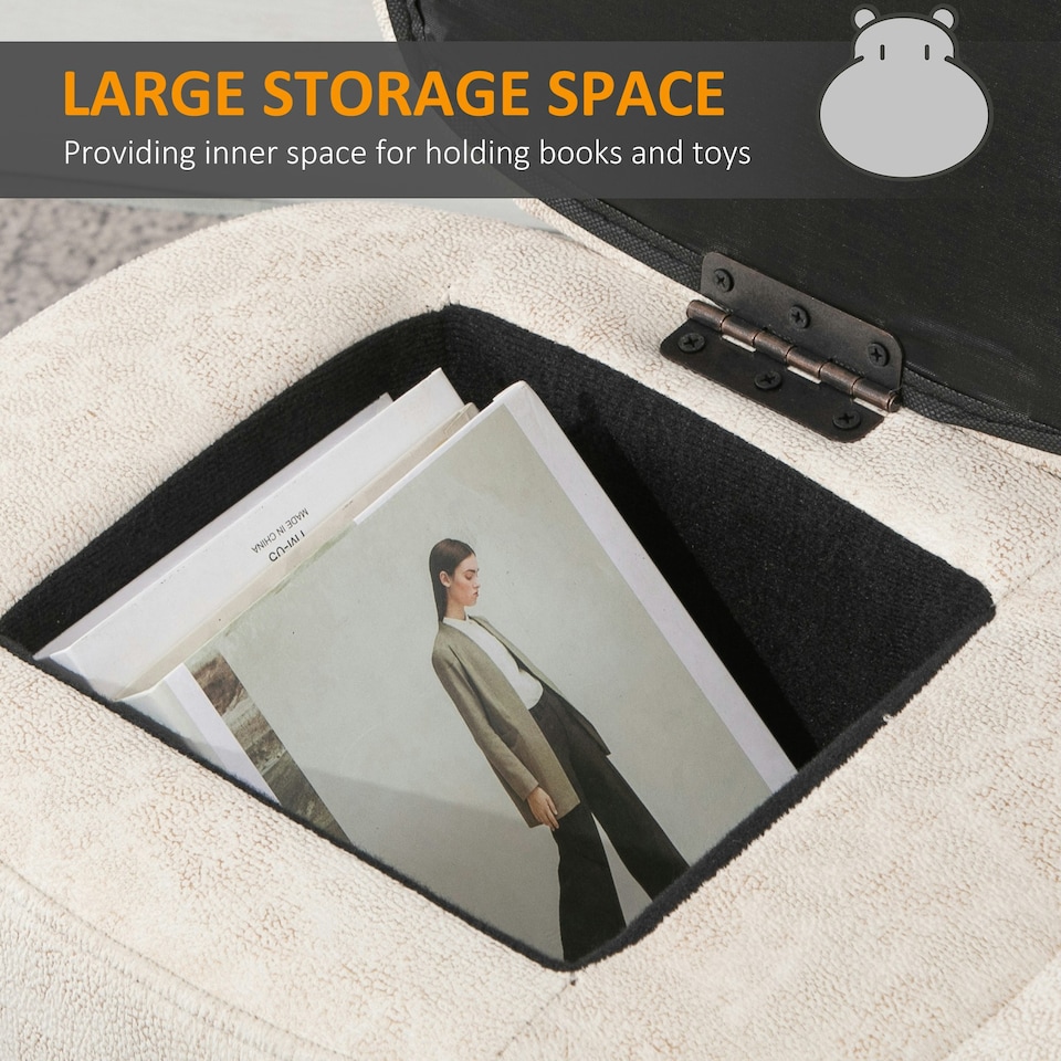 image 1 of HOMCOM Hippo Storage Stool Cute Decoration Footrest Wood Frame Legs Cream