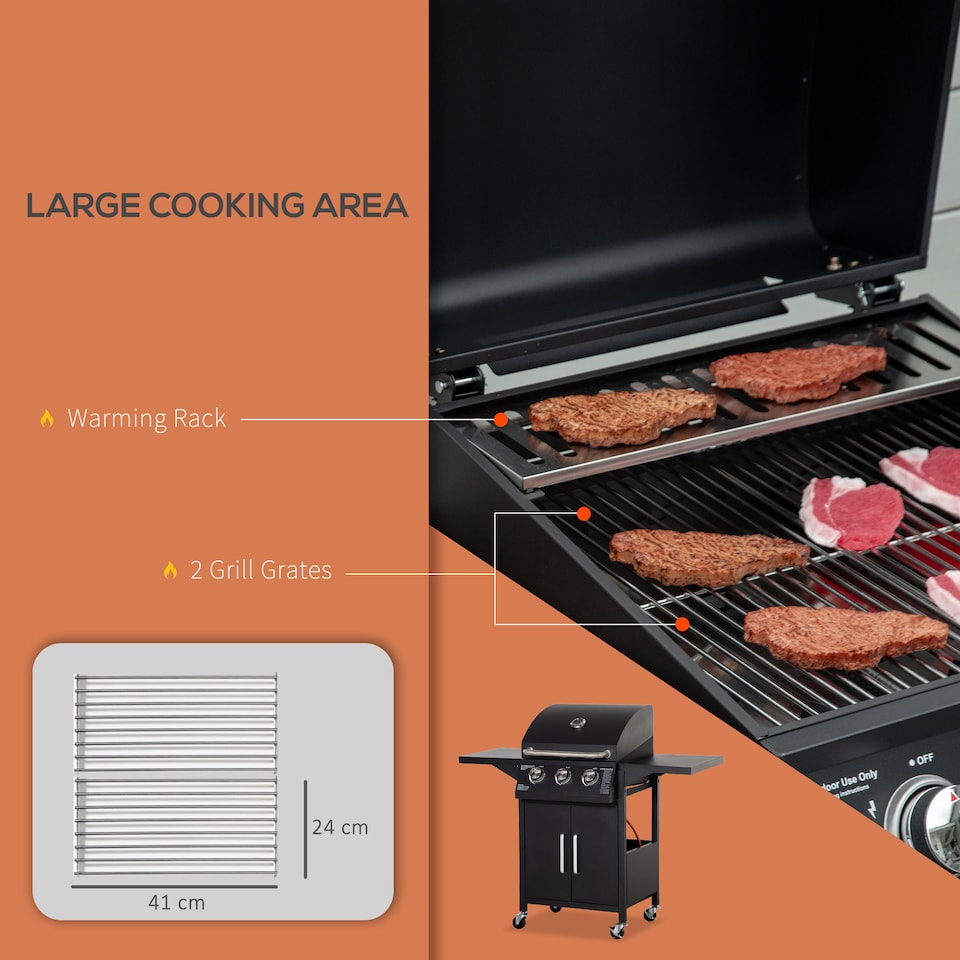 image 1 of Outsunny 3 Burner Gas Grill 8.7 kW Portable Barbecue Trolley w/ Shelves