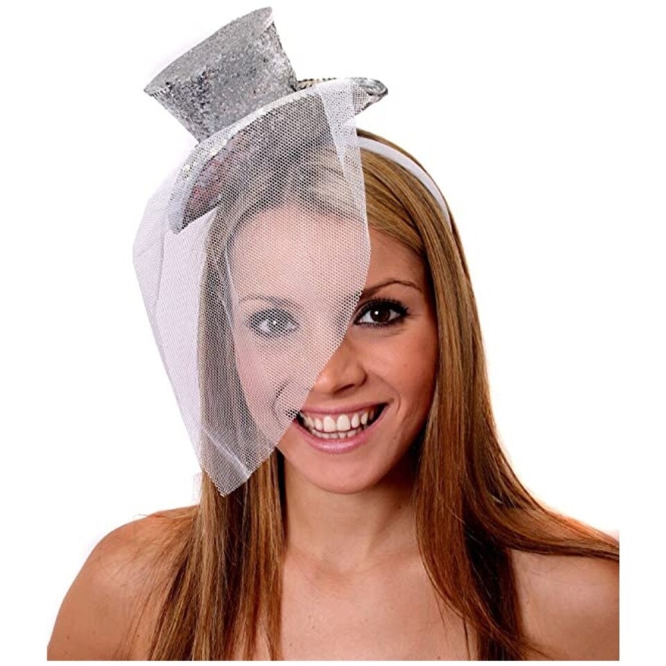 image 1 of Pack of 6 Mini Silver Glitter Fascinator Top Hat Silver | One Size