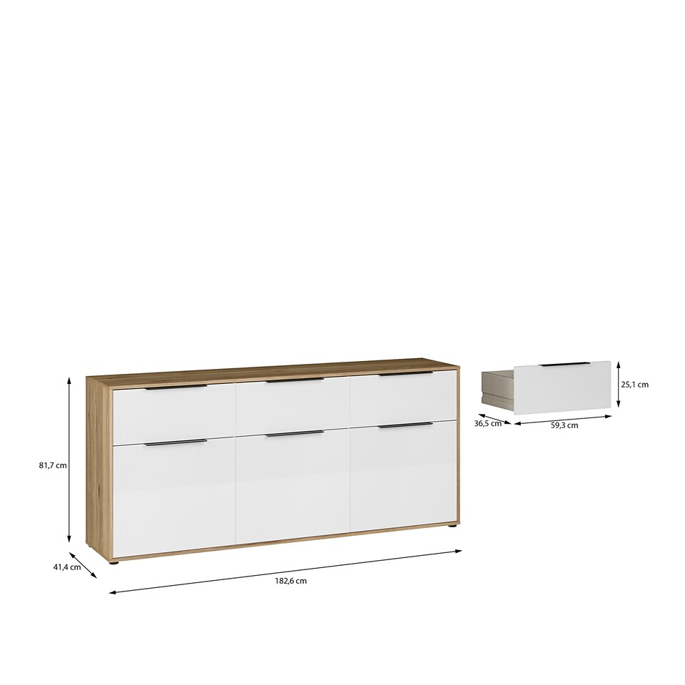 image 1 of Orkney 3 Drawer Sideboard with 3 Doors in Mauvella Oak and White Gloss