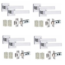 Golden Grace 4 Pairs Premium Delta Design Door Handles on Square Rose in Polished Chrome with 2.5" Latch and 1 Pair of Ball Bearing Hinges Chrome