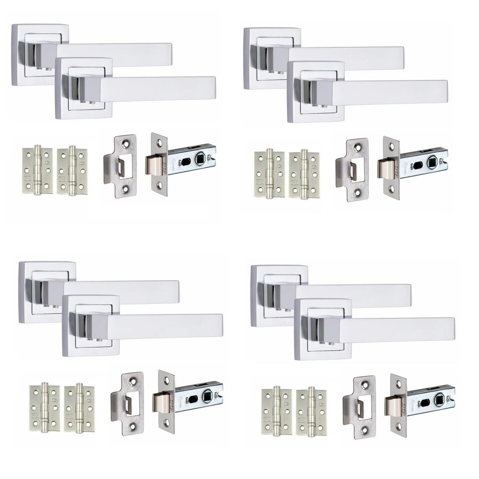 image 1 of Golden Grace 4 Pairs Premium Delta Design Door Handles on Square Rose in Polished Chrome with 2.5" Latch and 1 Pair of Ball Bearing Hinges Chrome