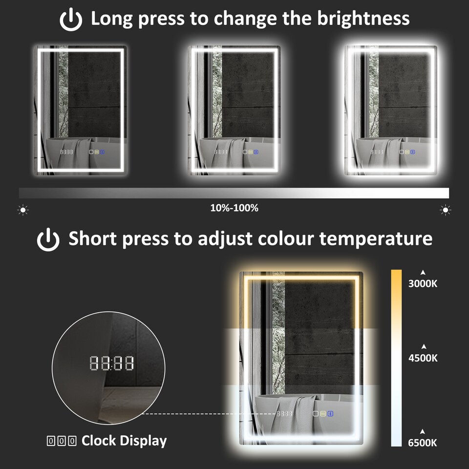 image 1 of HOMCOM 500 x 700 mm Bluetooth LED Bathroom Mirror, Illuminated Backlit Vanity Mirror with 3 Colours Dimmable, Clock, Anti-Fog, Memory Function, Touch Sensor, IP44 | Silver