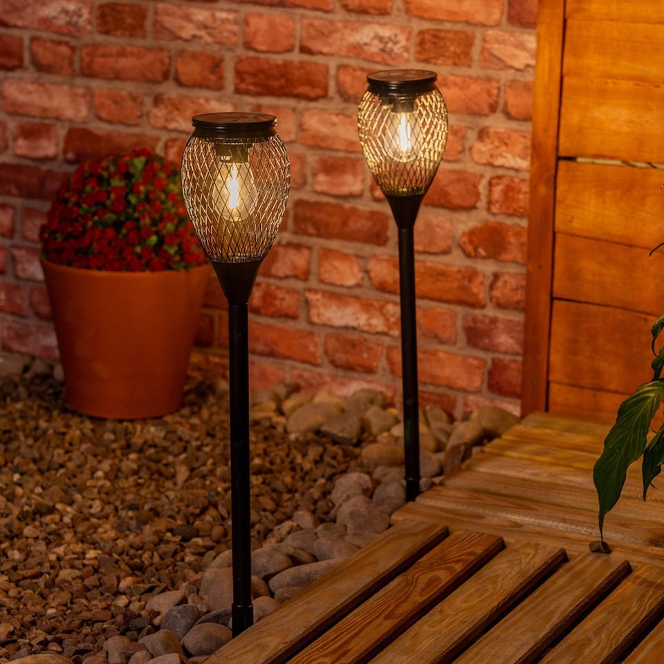 image 1 of ValueLights 2 Pack Solar Powered Outdoor Black Metal Cage Spike Lights Garden Stake Lamp