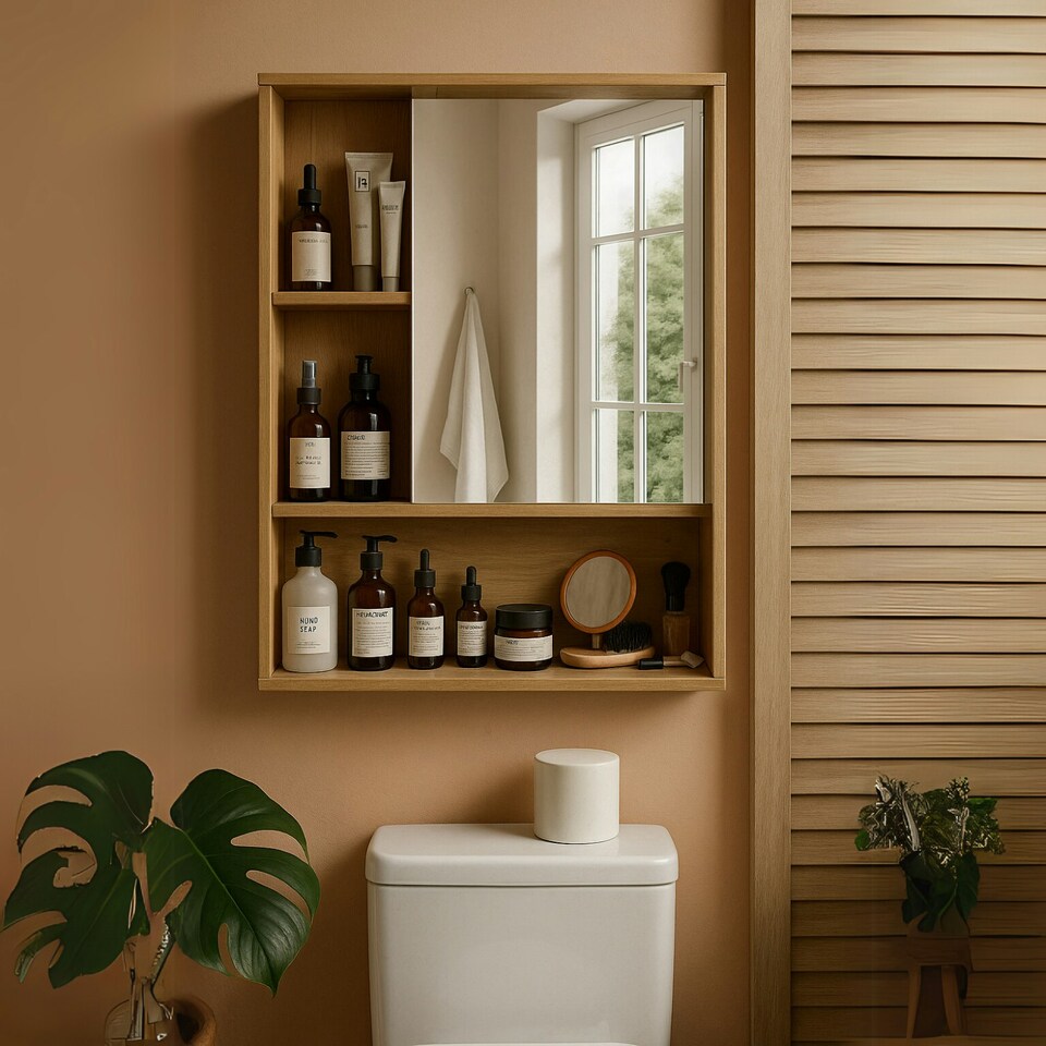 image 1 of Wooden Bathroom Wall Storage Cabinet Organiser Natural Brown Brown