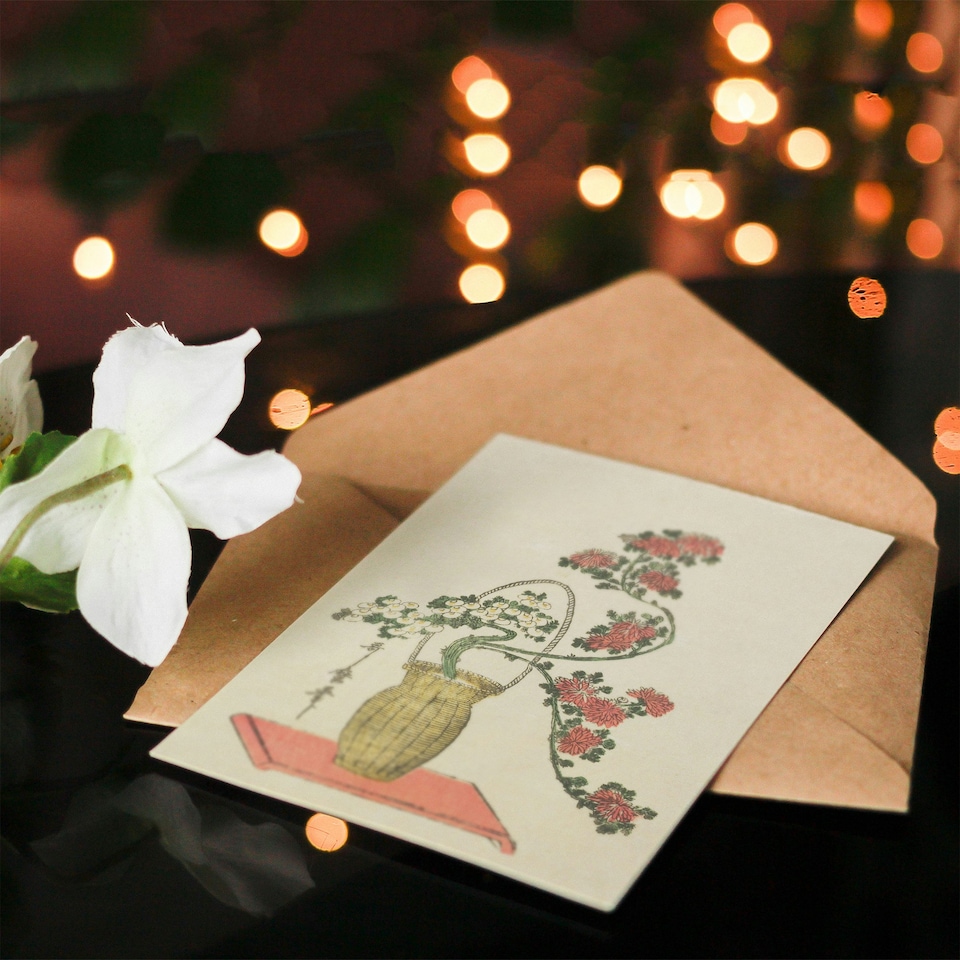 image 1 of Utamaro Kitagawa Art Card Chrysanthemum Ikebana Bouquet
