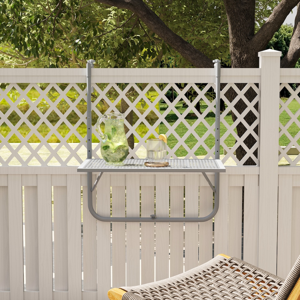 image 1 of Outsunny Balcony Hanging Table, Metal Wall Mount Desk, Adjustable Folding Balcony Deck Table for Patio and Garden, Grey | Grey | Grey