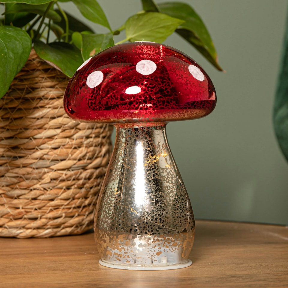 image 1 of Pair of 16cm Battery Light up Christmas Mushroom Decoration with Warm White LEDs