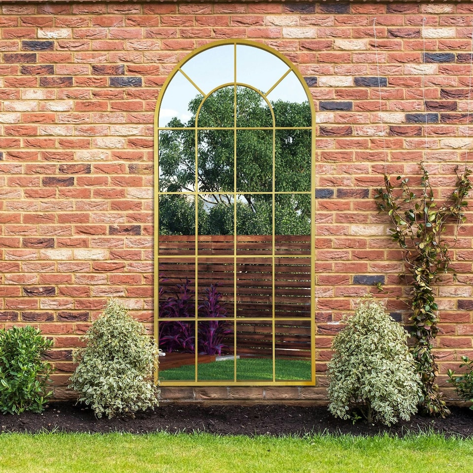 image 1 of The Arcus - Gold Framed Arched Window Garden Mirror 71" X 33.5" (180x85CM) | Gold