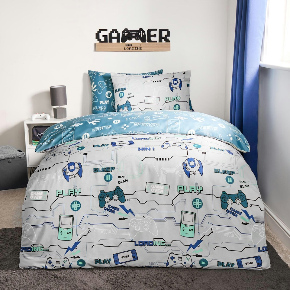 image 1 of OHS Gaming Reversible Microfibre Duvet Cover and Pillowcase Set, Single - Blue/Grey