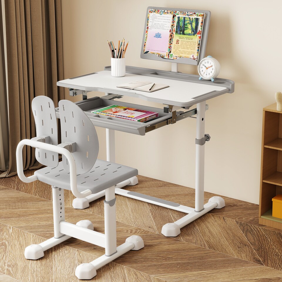 image 1 of COSTWAY Kids  Study Desk & Chair Set Height-Adjustable Children Study Desk-Grey