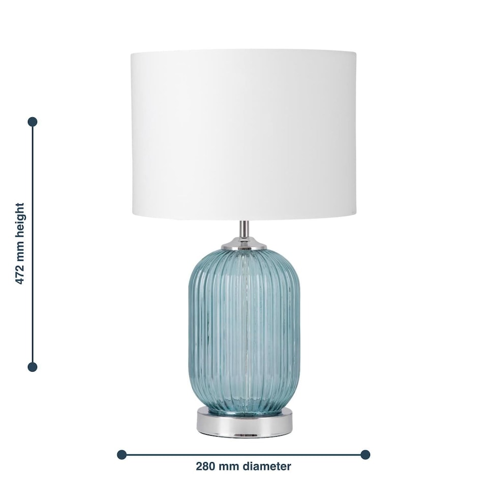 image 1 of Set of 2 Turquoise Ribbed Glass Lamps with White Shades | Chrome | White | Large | 2