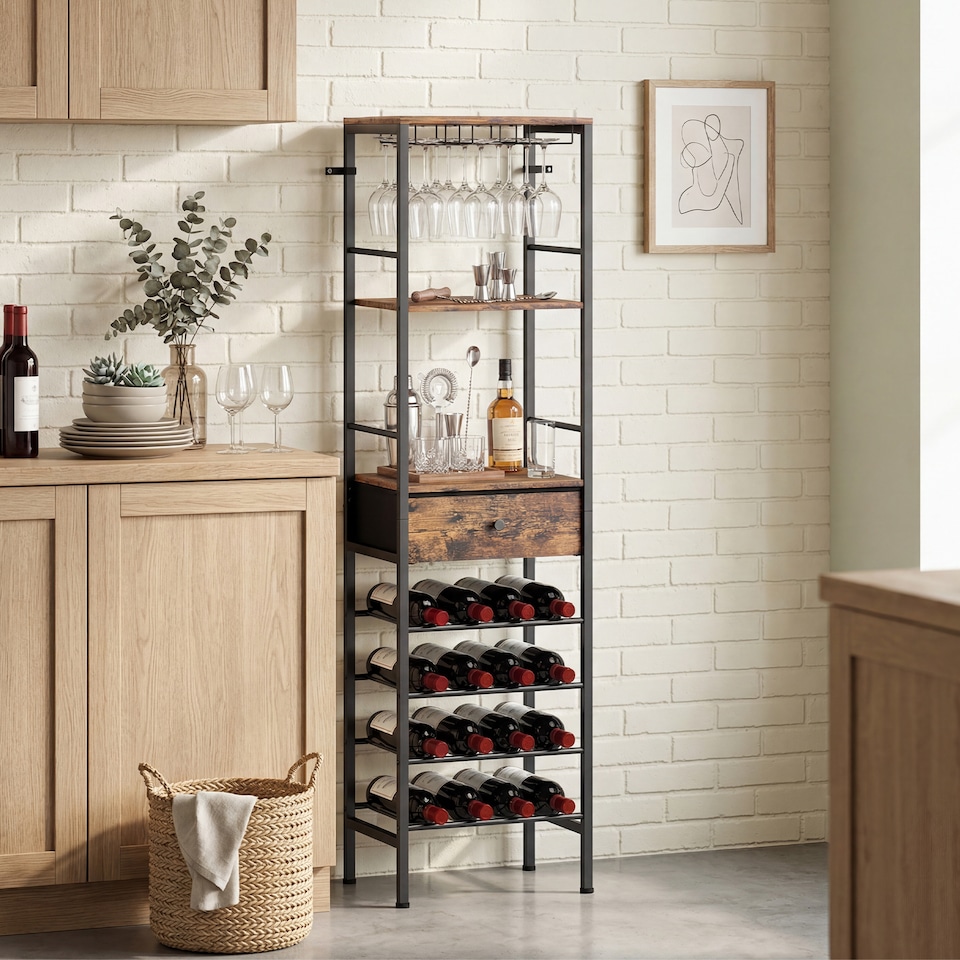 image 1 of HOMCOM Wine Bar Cabinet 16-Bottle Wine Rack Rustic Brown