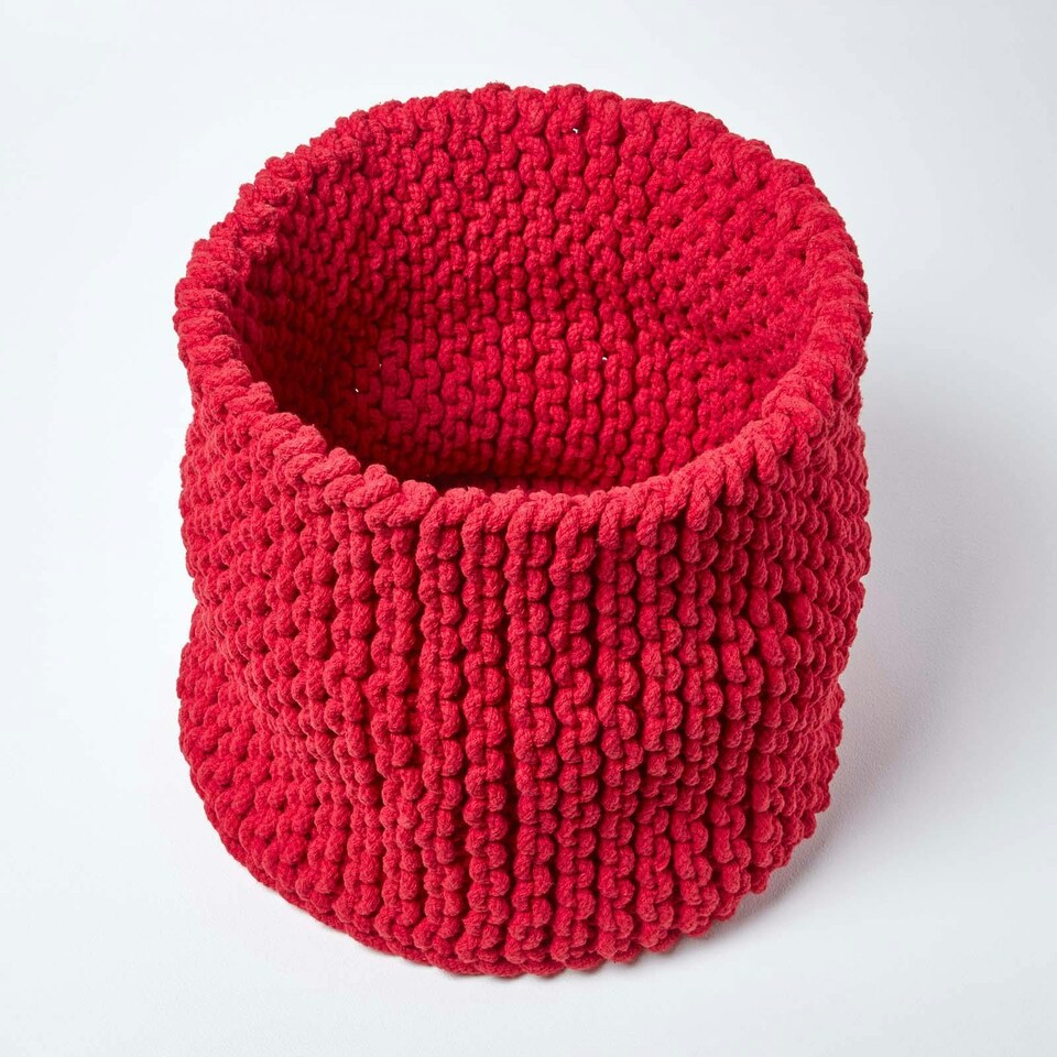 image 1 of Homescapes Red Cotton Knitted Round Storage Basket - 42 x 37 cm | Red | Red | L