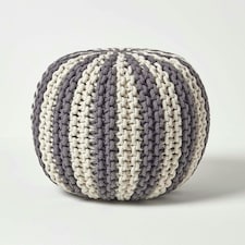 Homescapes Off White and Grey Knitted Pouffe Striped Footstool - 35 x 40 cm