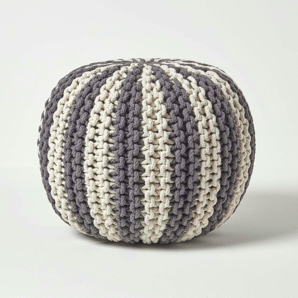 image 1 of Homescapes Off White and Grey Knitted Pouffe Striped Footstool - 35 x 40 cm