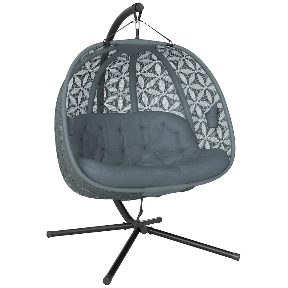 image 1 of Outsunny Double Hanging Swing Chair w/ Stand & Cup Holders, Charcoal Grey | Grey