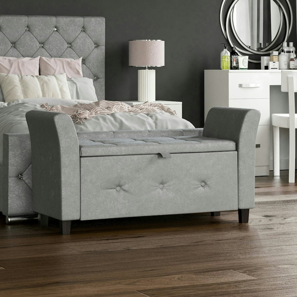 image 1 of Vida Designs Seville Storage Ottoman Bedroom Hallway Chest Bench, Light Grey Velvet Grey | Light Grey Velvet