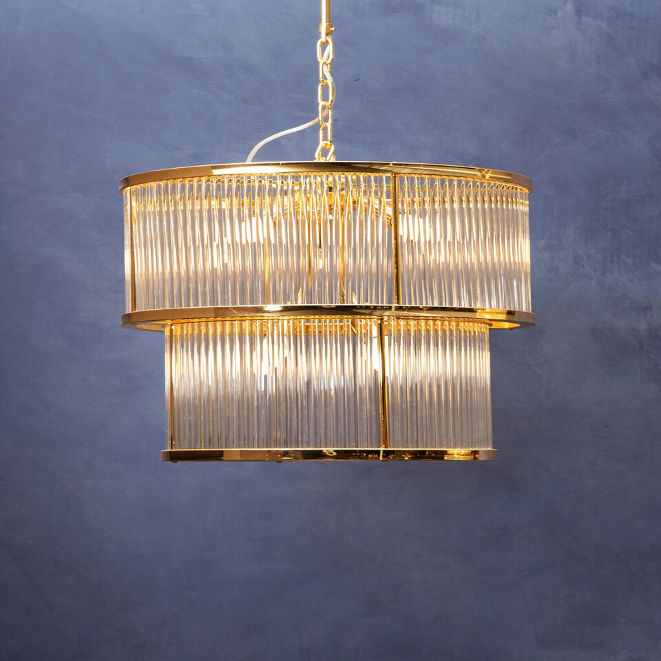 image 1 of Interiors by Premier 2 Tier Gold Finish Glass Chandelier, Modern Drum Style Glass Rod Chandelier With Warm Ambient Light Gold