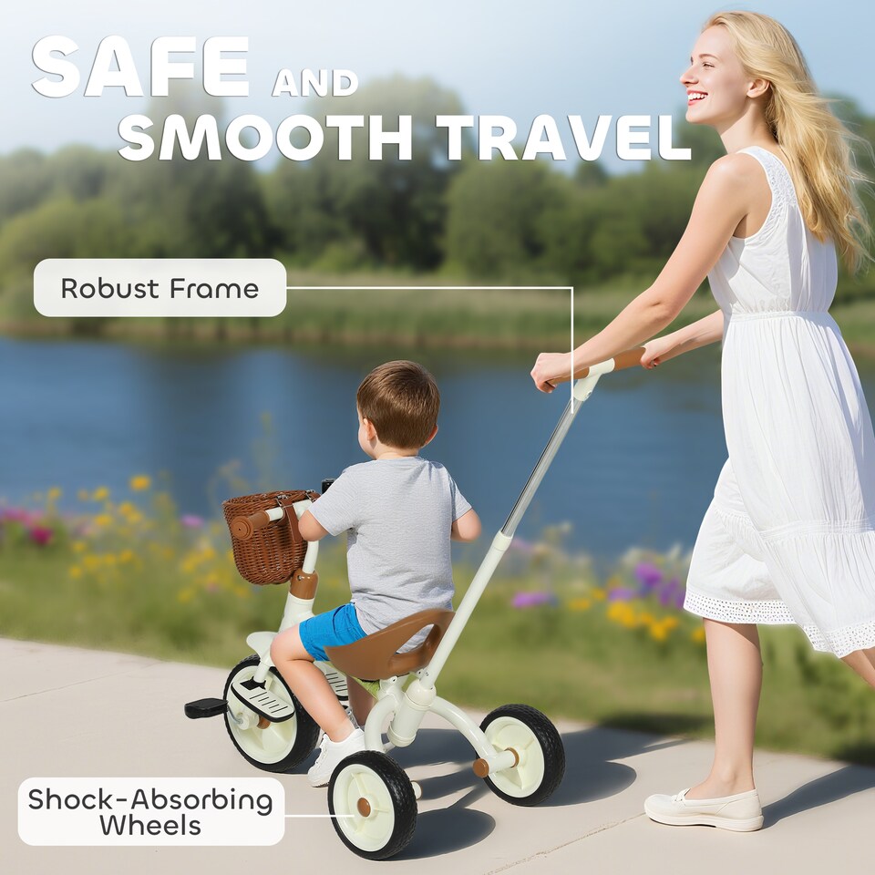 image 1 of AIYAPLAY Kids Tricycle for 2-5 Years Old, 2-In-1 Toddler Trike with Adjustable Parent Handle, Pedals, Footrests, Storage Basket, 3 Wheel Bike for Boys and Girls | White