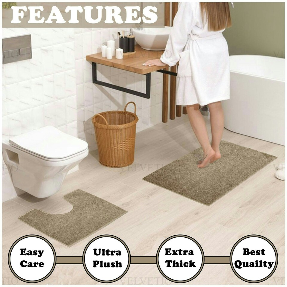 image 1 of VELVETIO Shiny Sparkling Bath Set Anti Slip Pedestal Mat Bathroom Rugs Brown | Natural