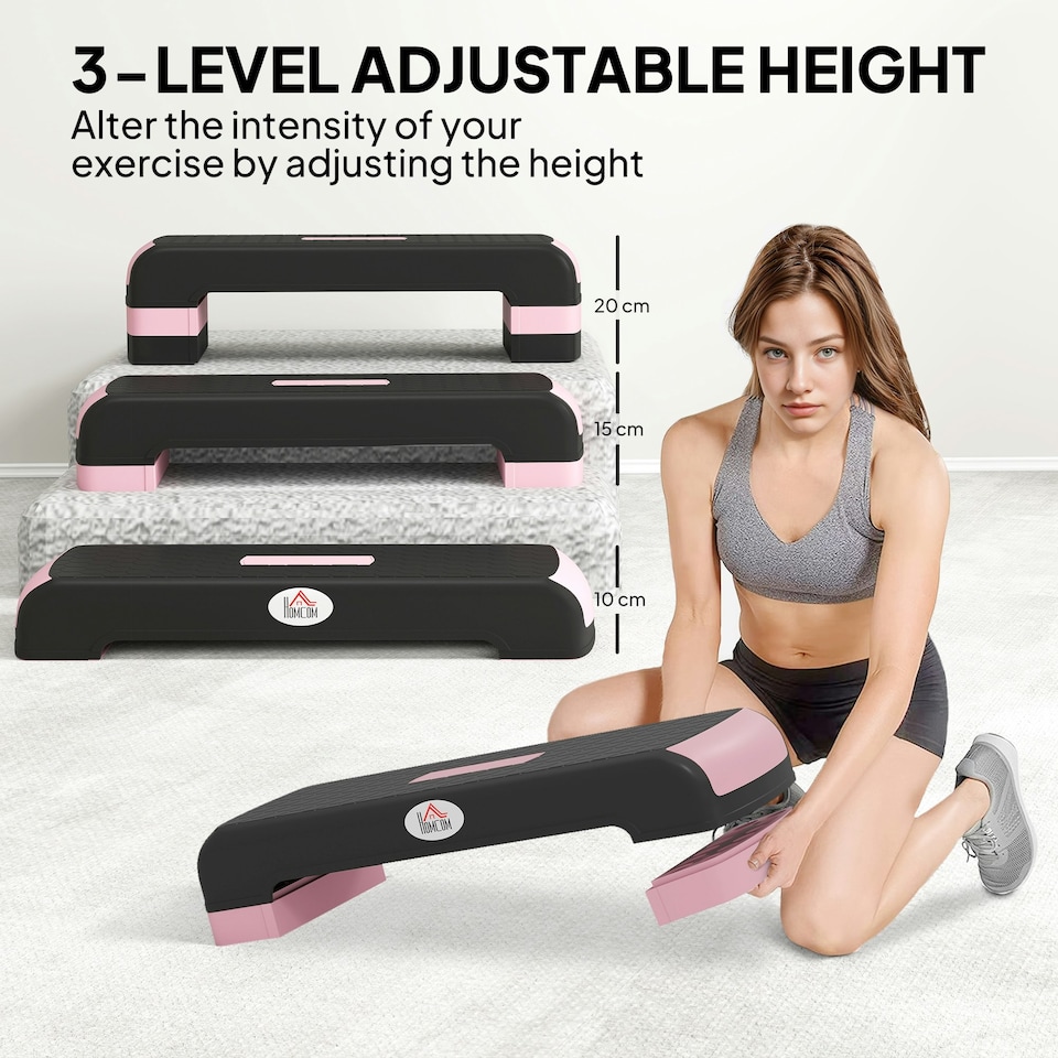 image 1 of HOMCOM Aerobic Step Three-Level Adjustable Exercise Stepper, Black and Pink