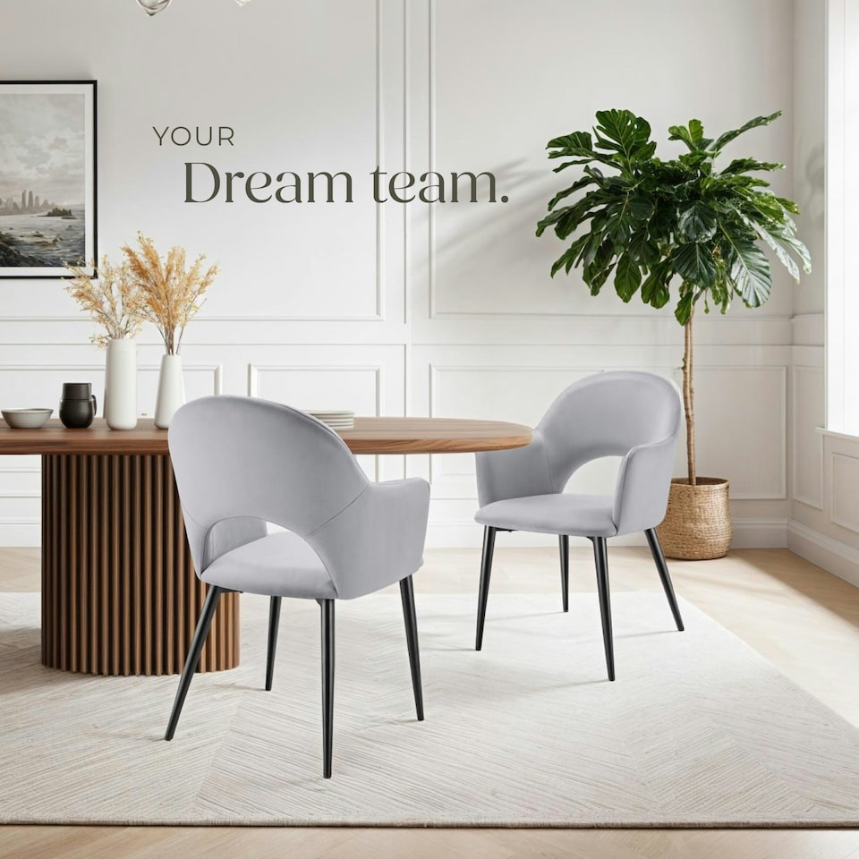 image 1 of Dining Chair Sasha- padded armchair in velvet look, continuous backrest - Set of 2 Grey | Light Grey