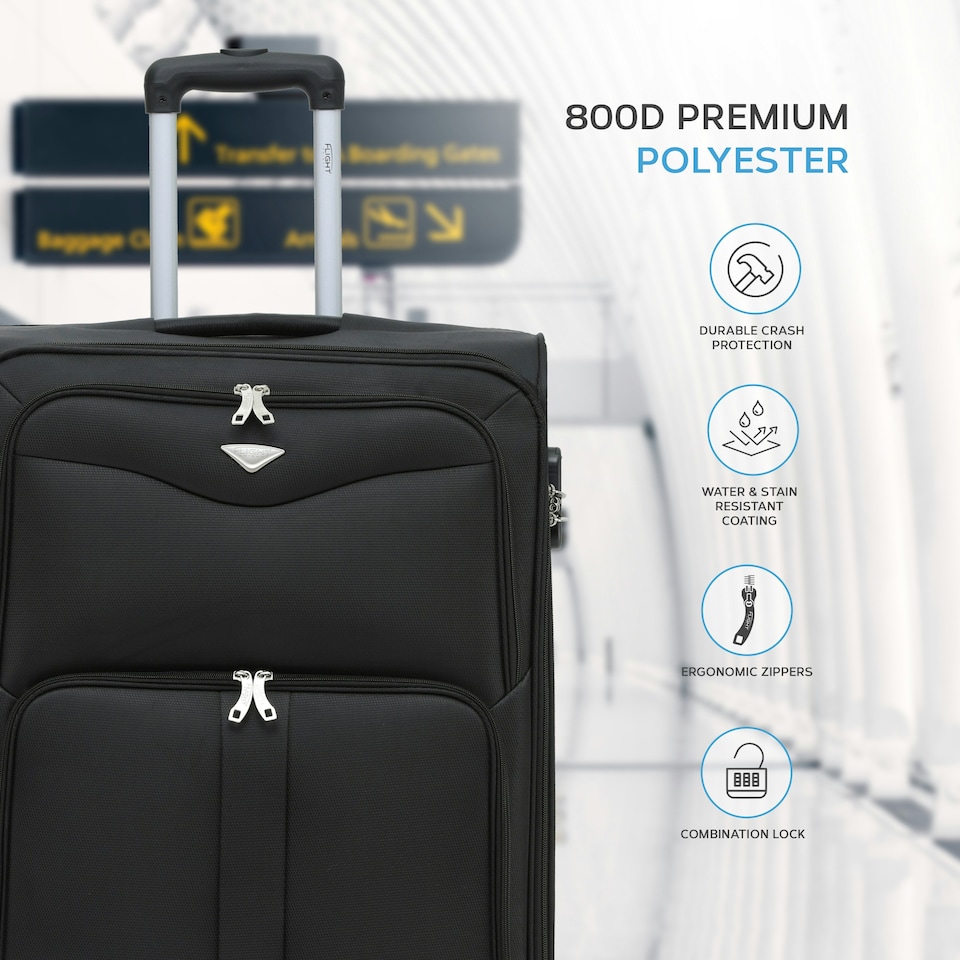image 1 of Flight Knight Lightweight 4 Wheel 800D Soft Case Suitcases Anti Crack Cabin & Hold Luggage Options 100 Airlines Approved - Including easyJet, BA & Many More! Black | Black | Large