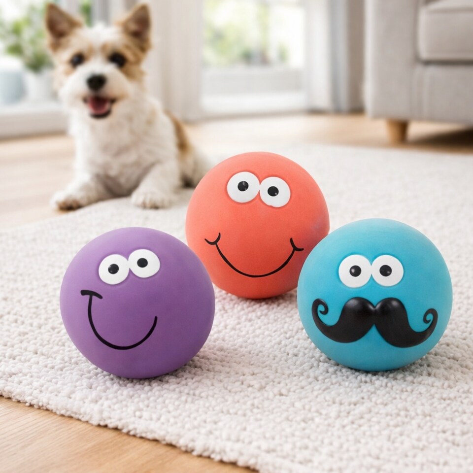 image 1 of Set of 9 Squeaky Dog Balls Latex Pet Puppy Fetch Play Chew Smiley Face Design