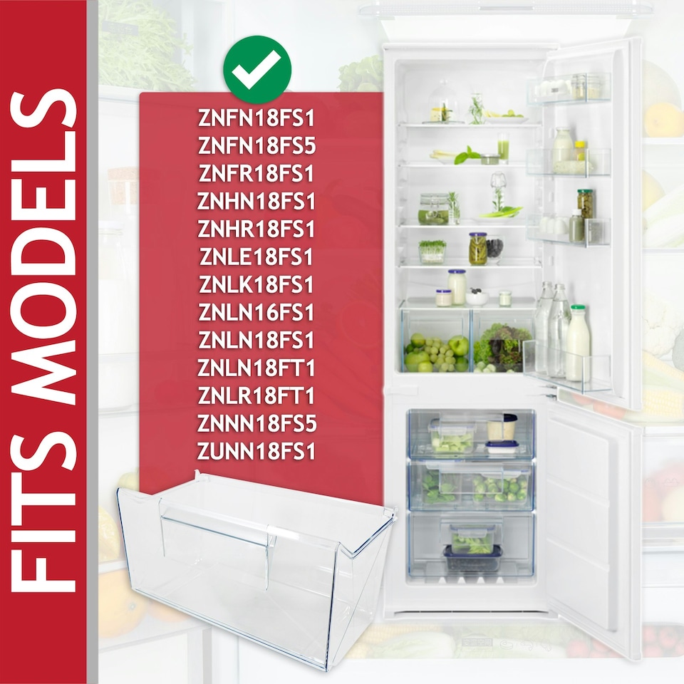 image 1 of SPARES2GO Bottom Drawer for Zanussi ZNFN ZNFR ZNHN ZNHR ZNLK ZNLN ZNLR ZNNN ZUNN Fridge Freezer Lower Container Box Clear