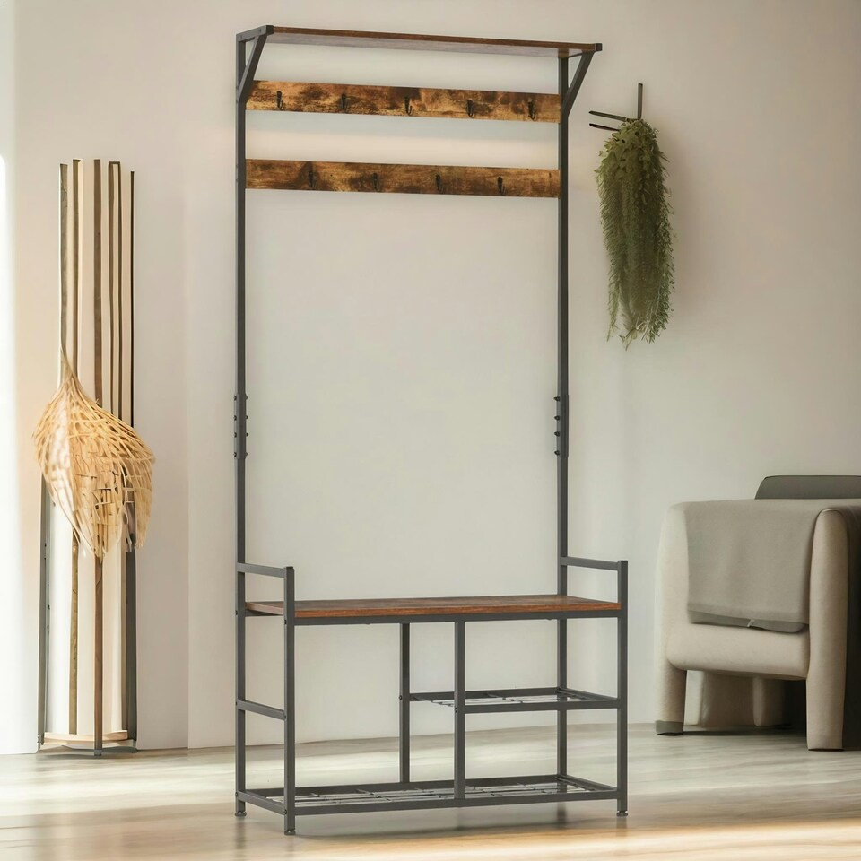 image 1 of Industrial 180CM Tall Coat Stand With 9 Hooks One Size