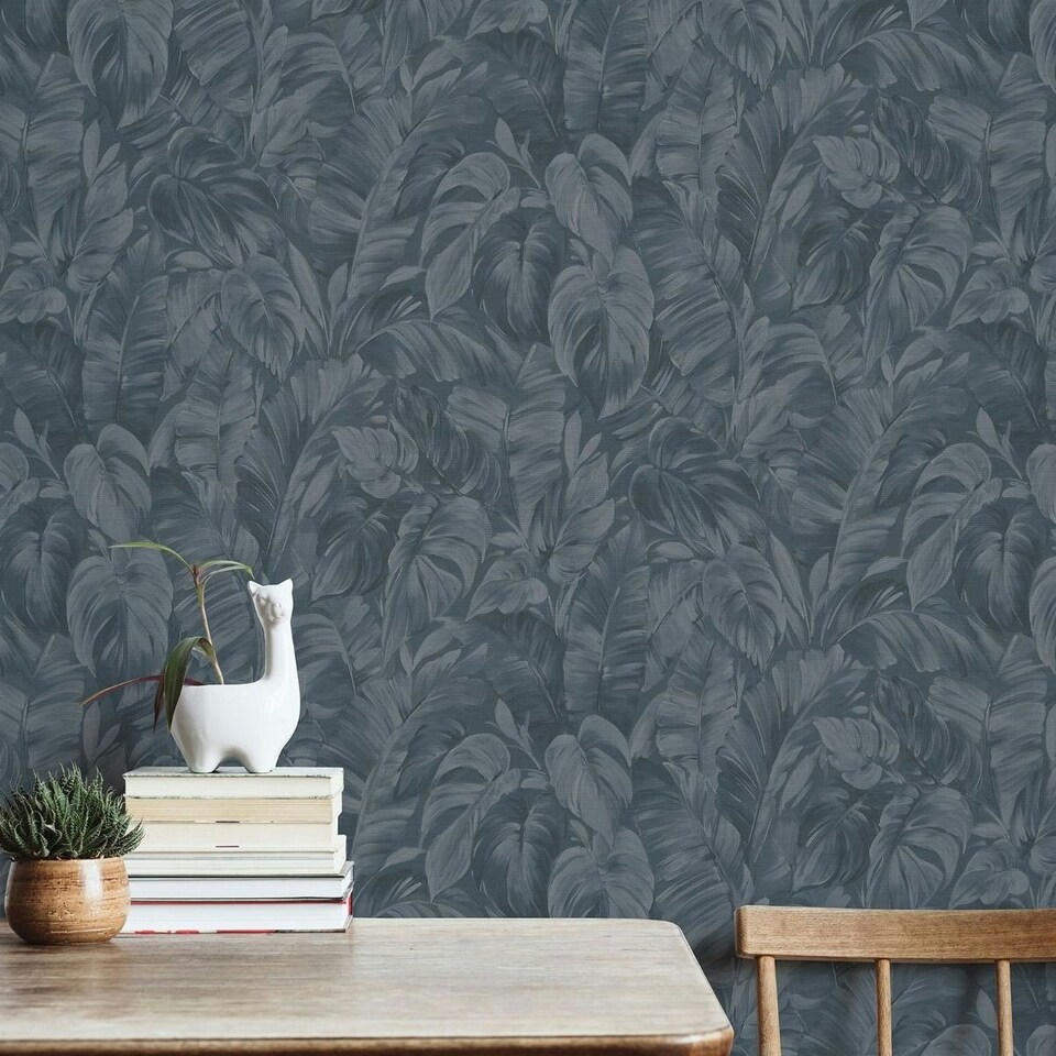 image 1 of Erismann Play Of Light Palm Leaf Vinyl Textured Wallpaper - Navy - 10m x 53cm Blue