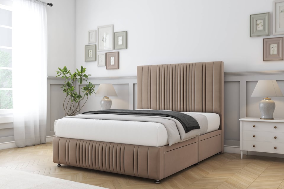 image 1 of Sloomy Kingsley Mink Plush Divan Bed With Mattress 2 Drawers Footend With 54" Floor Standing Headboard & 12" Matching Footboard 4'6 Double | Brown | Mink | Double | 1