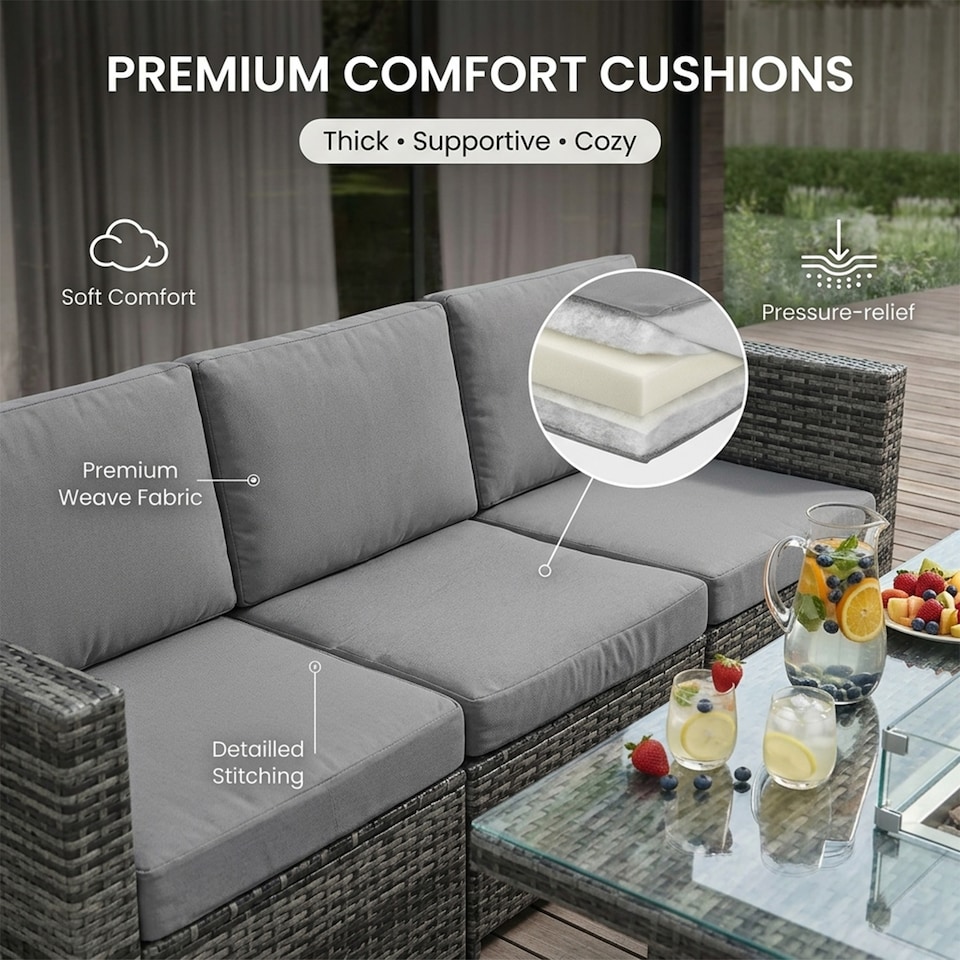 image 1 of Alivio 8-Seater Rattan Garden Furniture Set, Luxury PE Rattan Sofa with Gas Fire Pit Table & Cushions | Grey