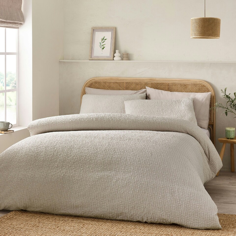 image 1 of Catherine Lansfield Crinkle Seersucker Duvet Cover Set Natural | Cream | Natural | Super King