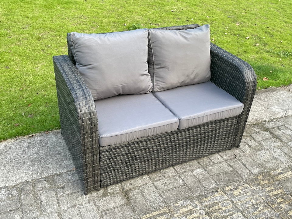 image 1 of Fimous Outdoor Sofa Rattan Garden Furniture Set Patio Gas Fire Pit Dining Table and Reclining Chair set with 2 Side Tables 2 Big Footstool Dark Grey Mixed