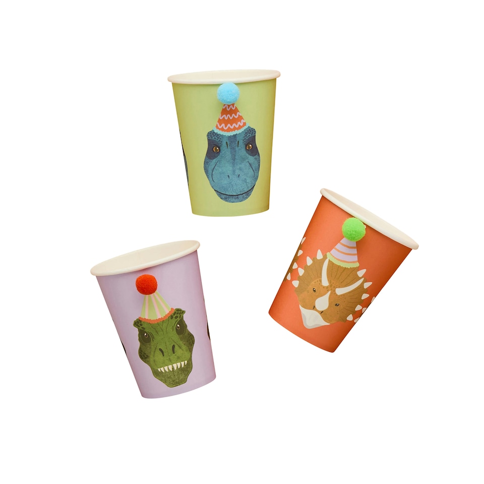 image 1 of Party Dinosaur Pom Pom Paper Cups - Pack of 6