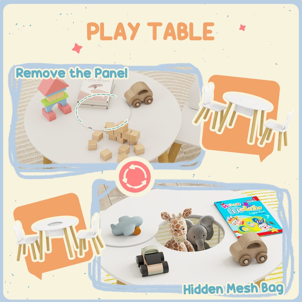 image 1 of AIYAPLAY 3 Pieces Toddler Table and Chair Set w/ Centre Mesh Bag, White