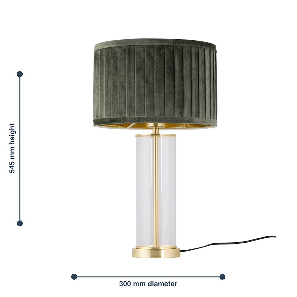 image 1 of Aura - Satin Brass Table Lamp with Green Pleated Velvet Shade | Gold | Satin brass plate with clear glass detail and green pleated velvet | 1