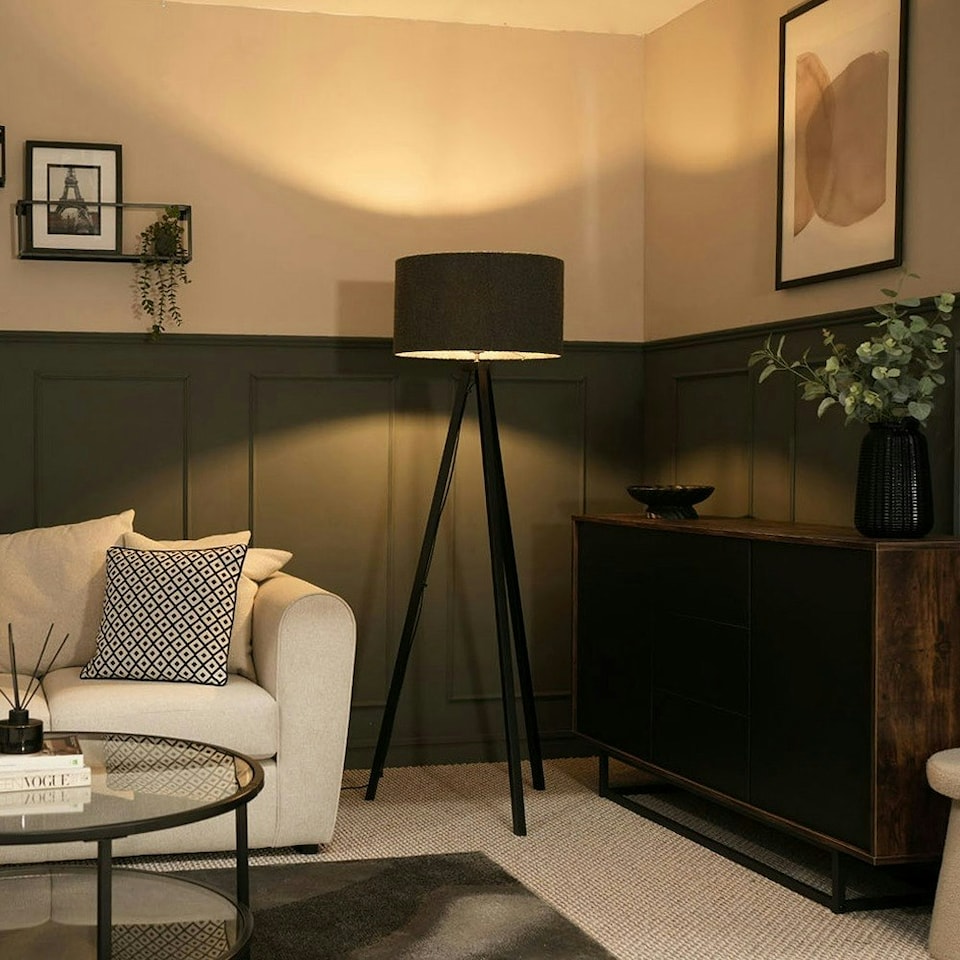image 1 of ValueLights Barbro Black Tripod Floor Lamp Drum Shade