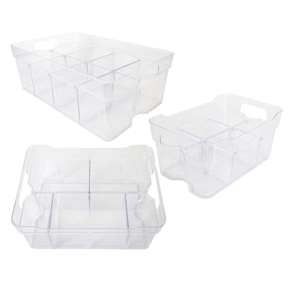 image 1 of 10 x Large (55x35x12.5cm) Stackable Modular Adjustable Plastic Compartment Organisers For Food, Crafts & Makeup Clear