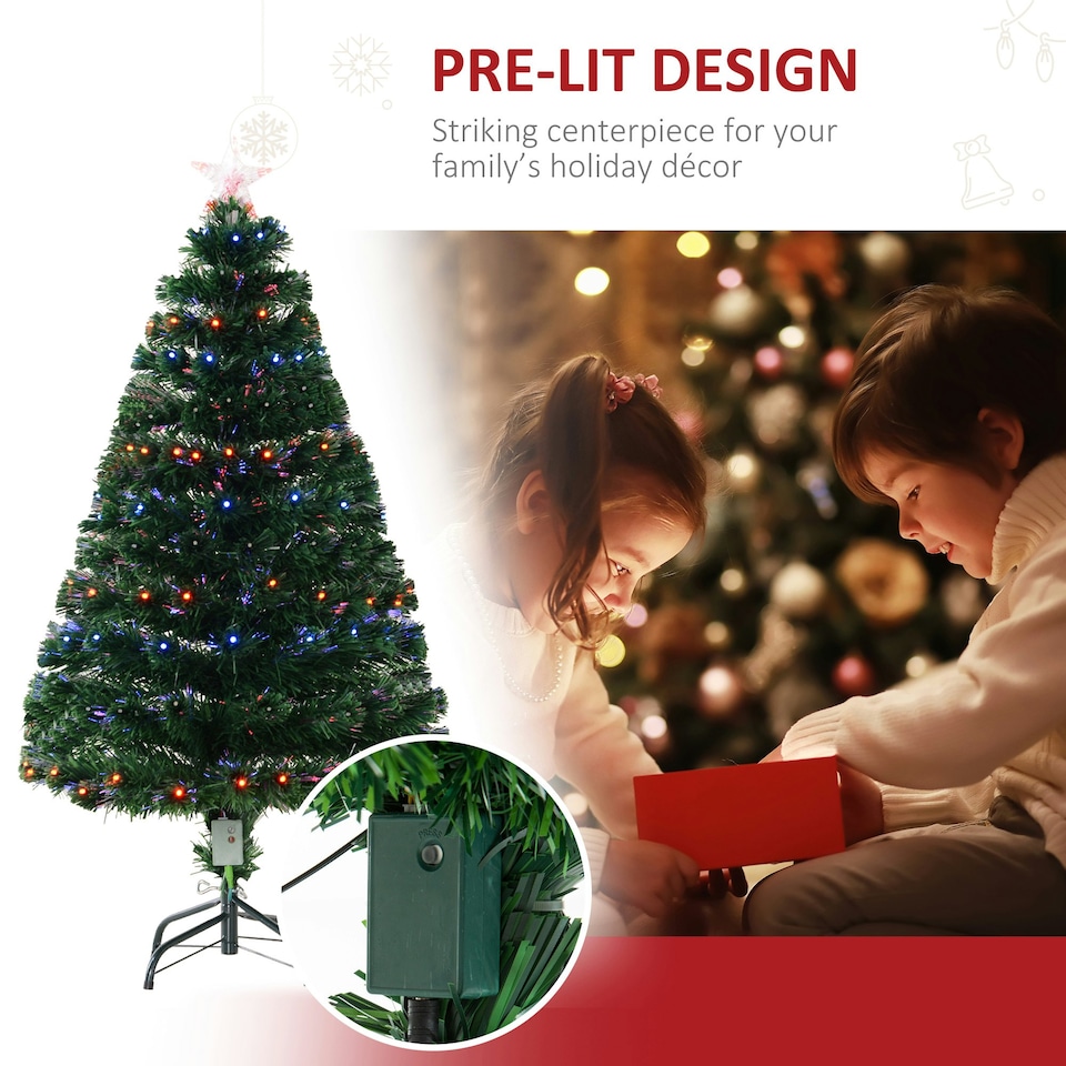 image 1 of HOMCOM 4FT Prelit Artificial Christmas Tree Fiber Optic Xmas Decoration, Green