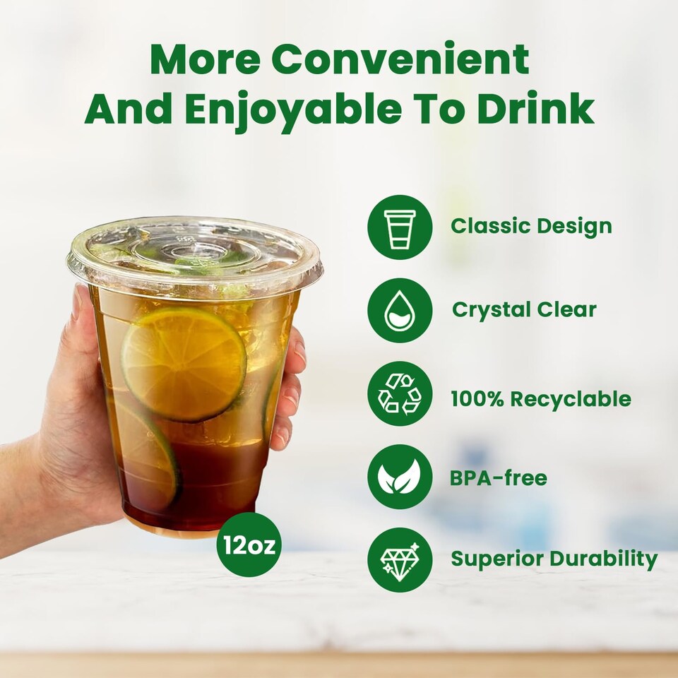 image 1 of ECONX 100 X Smoothie Cups with Flat Lids 12oz Clear Plastic Cups Reusable for Smoothies, Juice, Milkshakes