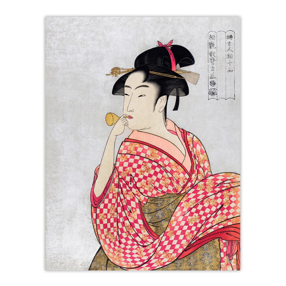 image 1 of Woman With Glass Pipe Portrait Vintage Wall Art Print Kitagawa 12x16"