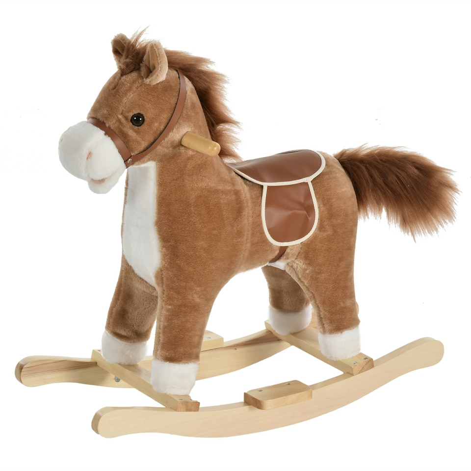 image 1 of HOMCOM Kids Plush Rocking Horse w/ Moving Mouth Tail Sounds 18-36 Months Brown