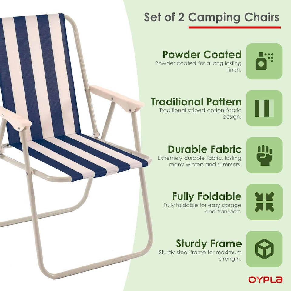 image 1 of Oypla 2x Stripey Camping Festival Party Folding Outdoor Chairs with Armrests Blue